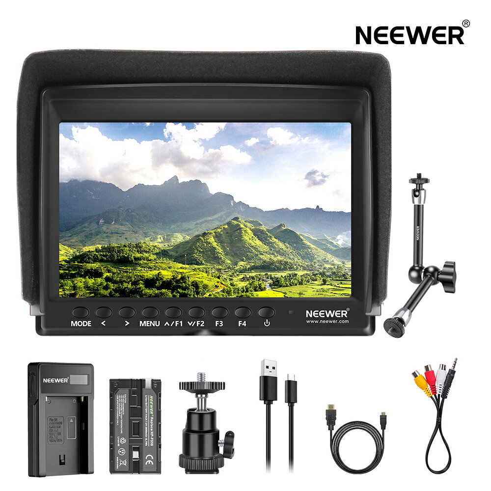 【P10倍+10%OFFクーポン ★ランキング1位入賞】NEEWER F100 7inch 1280x800 IPSスクリーンカメラフィールドモニターキット 4K入力 2600mAh充電式リチウムイオンバッテリー、USBバッテリー充電器、11.8inchマジックアームに付き DSLRカメラ/ビデオカメラに対応