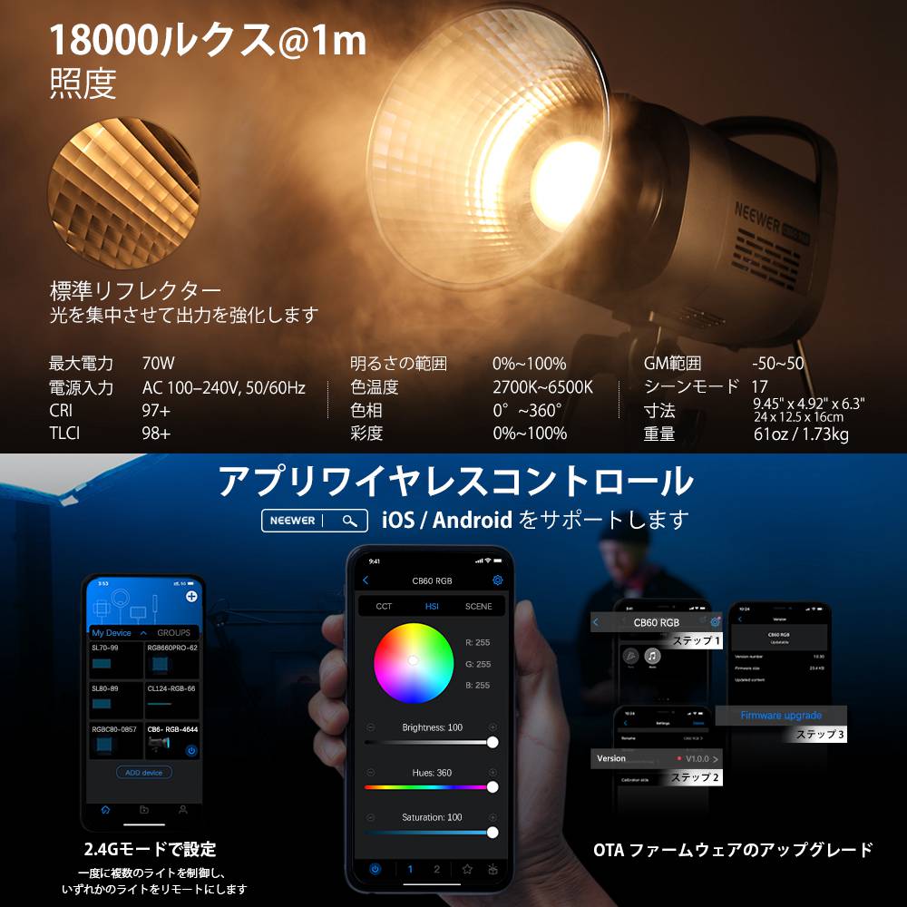 ��P10��+5%OFF����NEEWER CB60 RGB 70W LED �ӥǥ��饤�� ���� ���� 2.4G&APP���� �ե륫�顼 COB�饤�� Ϣ³�������ƥ饤�� ���������饤�� �����饤�� 18000Lux@1m/CCT /2700K~6500K/CRI 97+/17�������� Bowens�ޥ���� ��������/��������/�ӥǥ�Ͽ����
