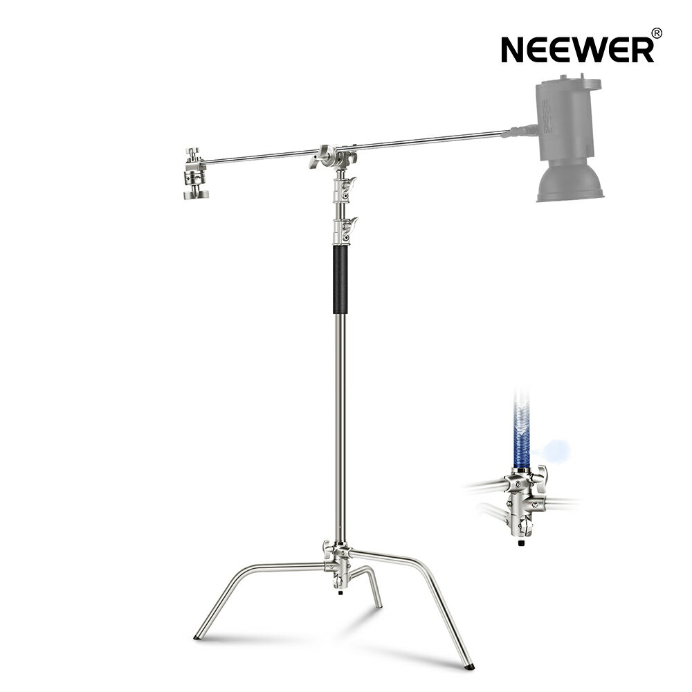 NEEWER Cスタンド330cm+ブームアーム128cm 100%ステンレス鋼 エアクッション 高耐久 ライトスタンド 2グリップヘッド モノライト/ソフトボックス/レフ板適用