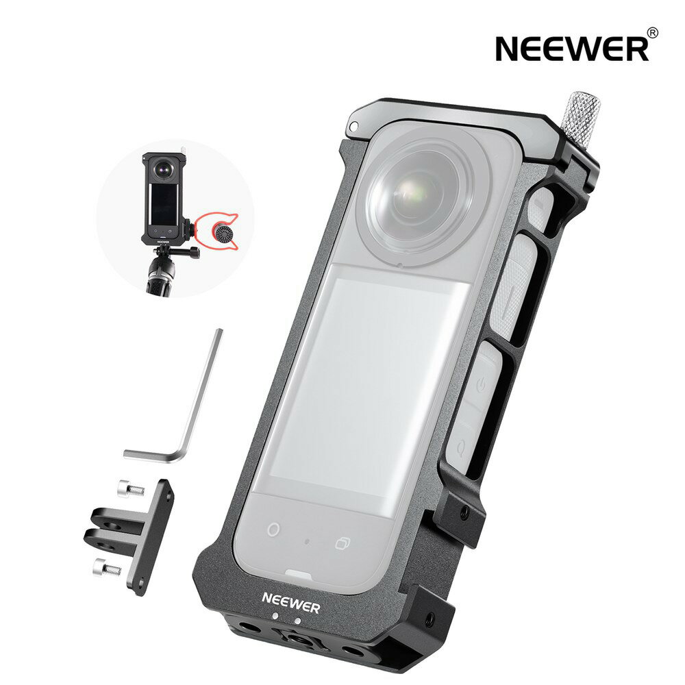 NEEWER 金属製カメラケージ アクションカメラ Insta360 X3専用 オールインワン保護ケース コールドシューマウント付き ミニLEDライトマイク YouTube/TikTok Vlogging用 CA010