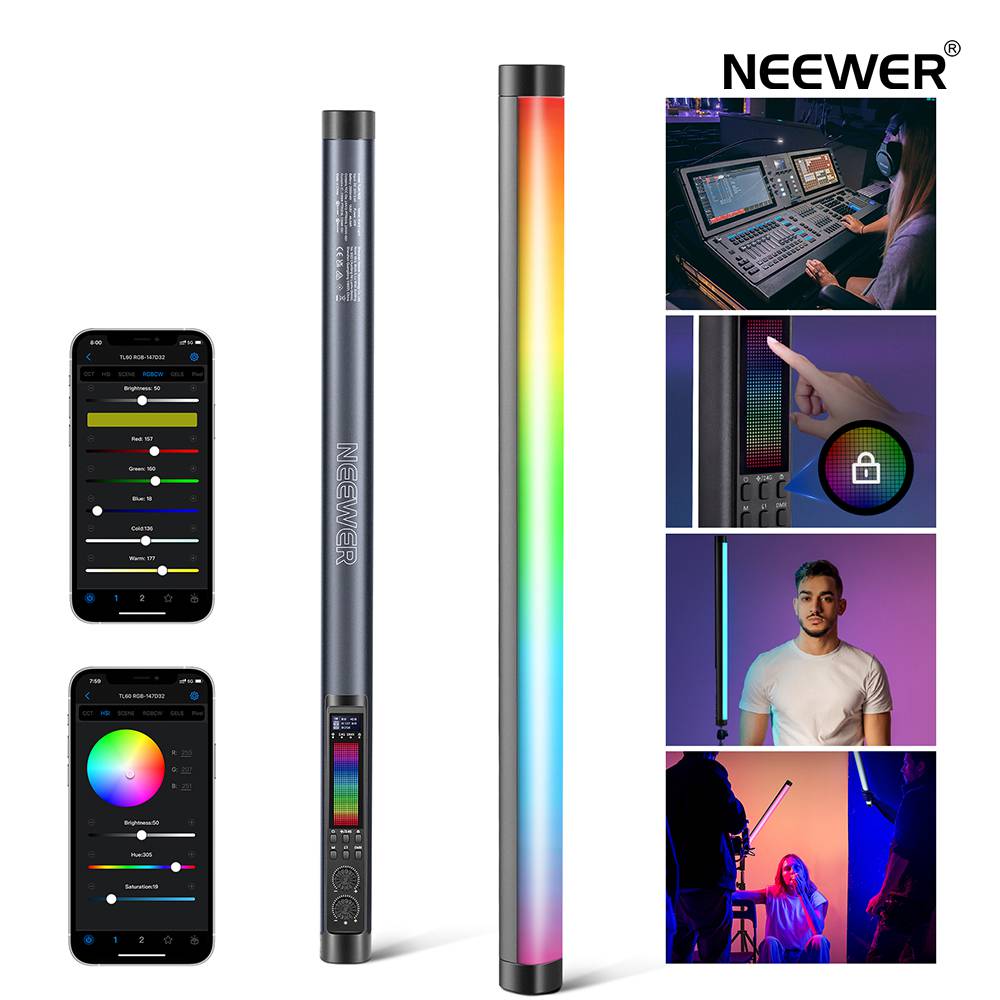 NEEWER TL60 RGB チューブライト LEDビデオライト　フルカラー RGBWW ライトスティック APP/2.4G/DMX制御 7つのピクセル効果 18種シーン カラージェル/ピッカーモード 2500K-10000K 0-100% 調光 CRI97+ TLCI98+ 3000mAh バッテリー