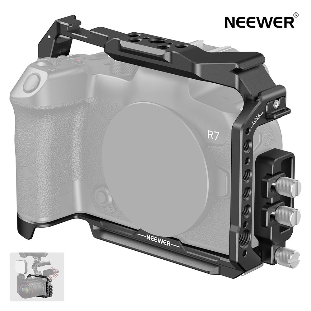 NEEWER R7カメラケージ Canon EOS R7に対応 アルミ製ビデオリグ HDMIケーブルクランプ/NATOレール/コールドシュー/3/8" ARRI & 1/4"スレッド/QRベース付き Arca Swiss DJI RSジンバルに対応 CA038