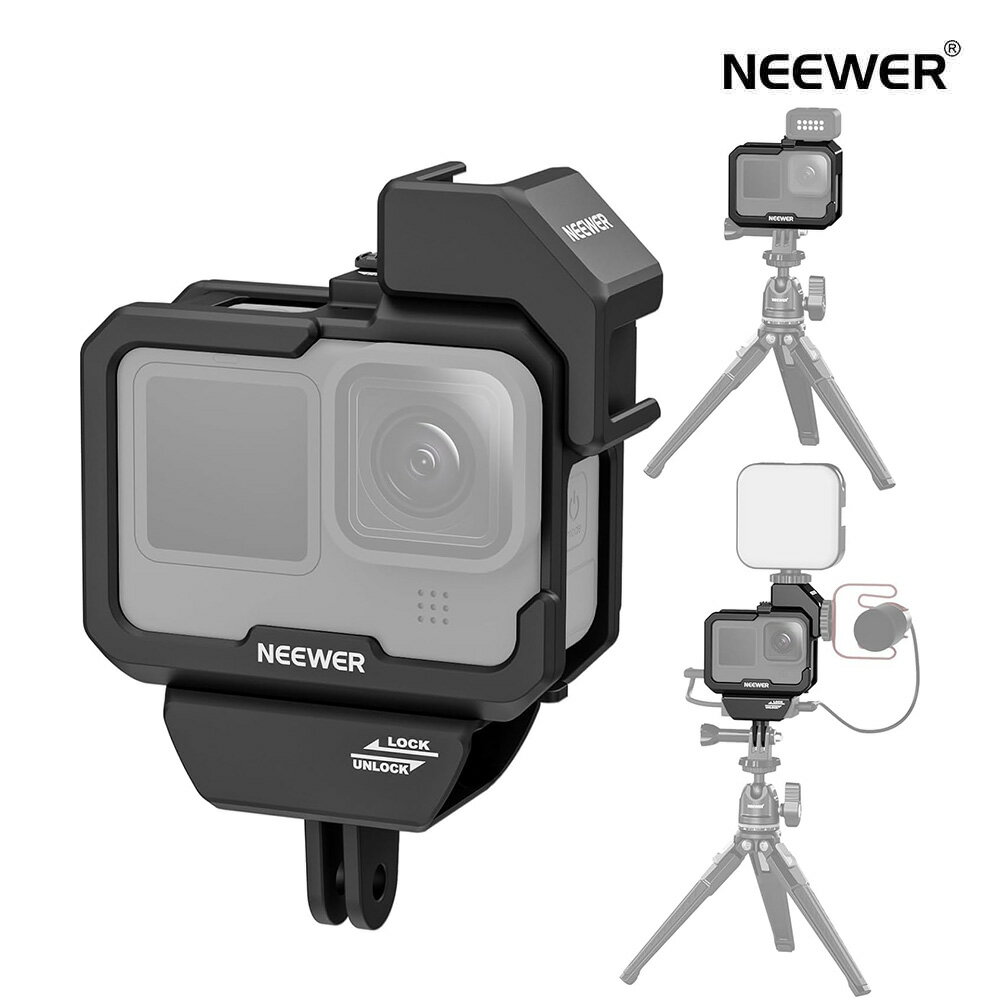 NEEWER ビデオリグケージ GoPro Hero 12 11 10 9に対応 ライトモッド マックスレンズモッド 耐久性プラスチック 3.5mmメディアオーディオマイクアダプターマウント コールドシューアダプター 電池カバー付き ブロギング用 AC007