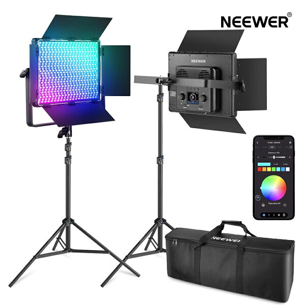 【P10倍+20%引クーポン】NEEWER PL60C RGB LED パネルビデオライトキット 2mスプリングクッション付きライトスタンドオプション バッグ APP/2.4G/DMX制御 60W 23000lux/0.5m 2500K-10000K 18シーン効果 RGBCW プロ写真スタジオ照明 ゲーム/ズーム/YouTube撮影に適用 の商品画像