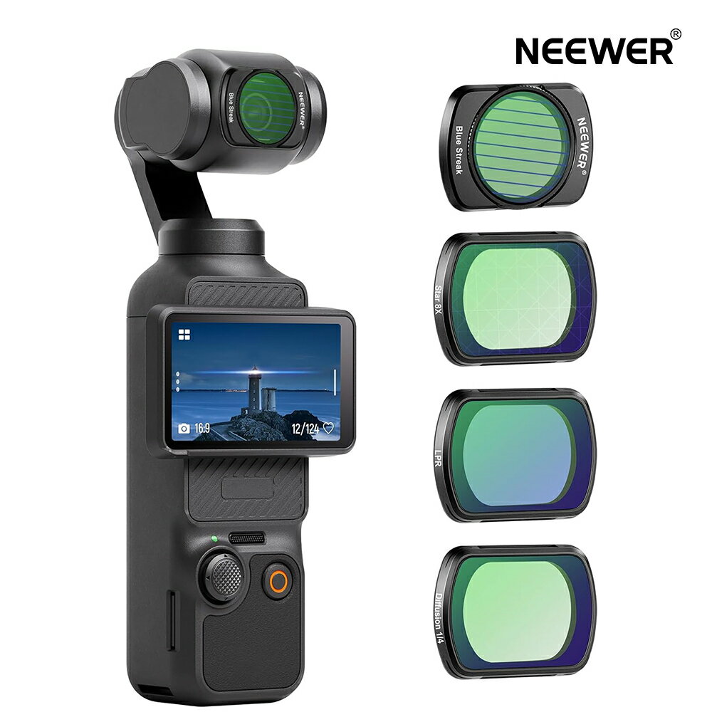 NEEWER 磁気効果フィルターセット DJI OSMO Pocket 3に対応 4パック 8X スター/ブルーストリークアナモルフィック/光害低減/ブラック拡散 1/4 フィルター 多層コーティングHD光学ガラス