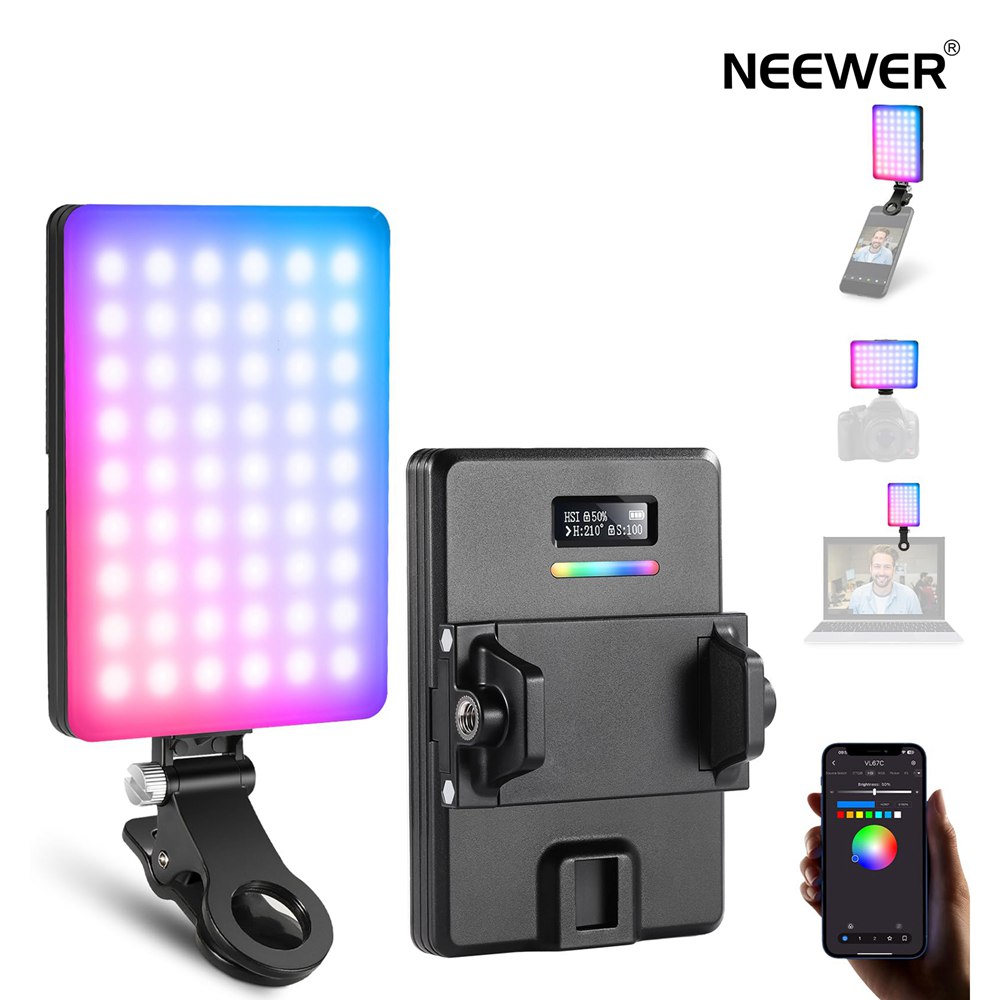 NEEWER VL67C RGB スマホライト 撮影用自撮りライト LEDビデオライト 女優ライト リングライト APP制御 94 LED CRI97 2000mAh 充電式 コールドシューマウント/前後クリップ付き iPhone/ipad/pc用 Zoomライト/リモートライト/生放送/YouTube/TikTok補光ライト