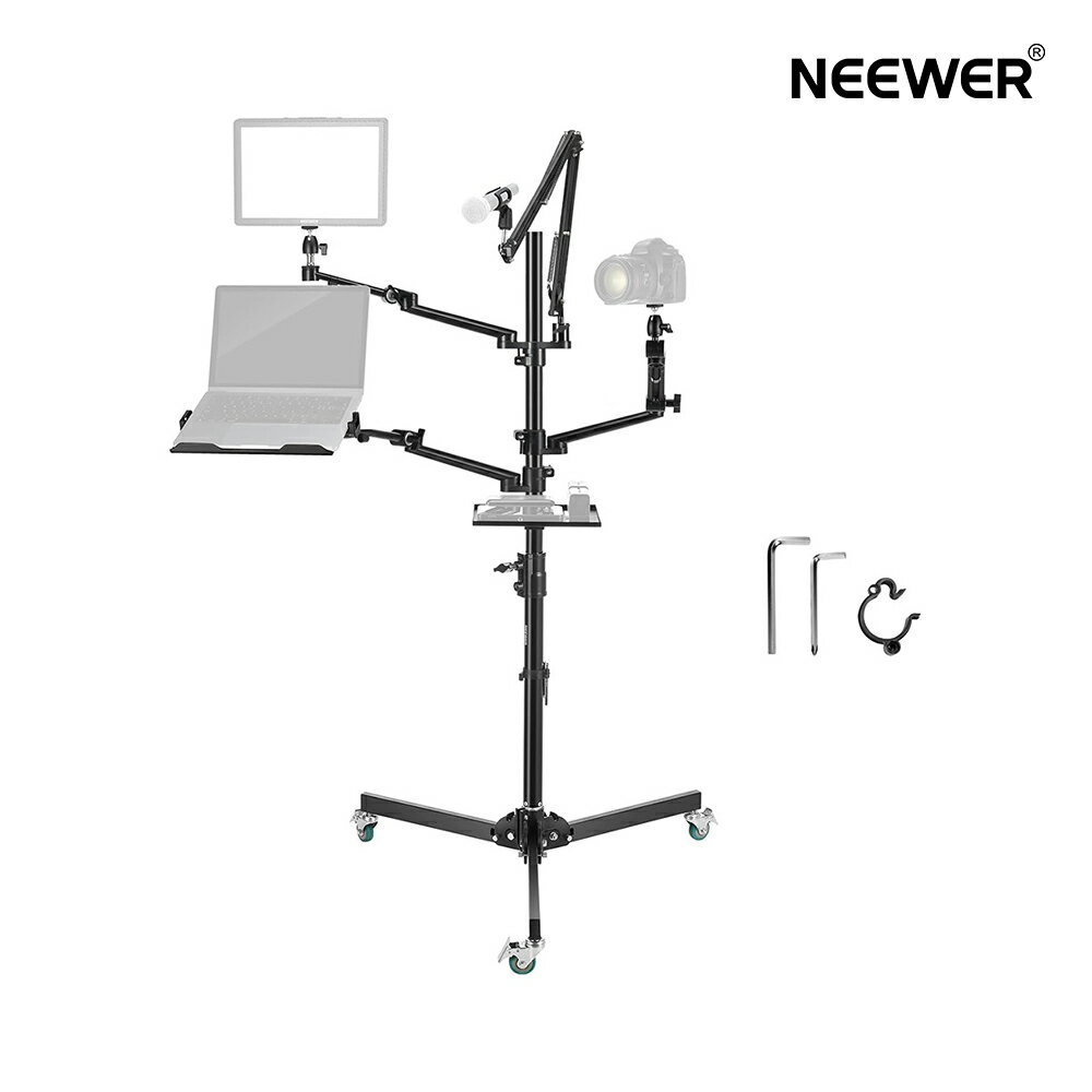 【P20倍+1000円引クーポン】NEEWER 俯瞰カメラスタンド 生放送用スタンド キャスター付き モバイルスタンドセット all-in-1 自撮り用 マイクブームアーム/俯瞰カメラマウント/フロアスタンド/スマホ＆タブレット＆pcホルダー/トレイ付き 生放送/ポッドキャスト用 DS010