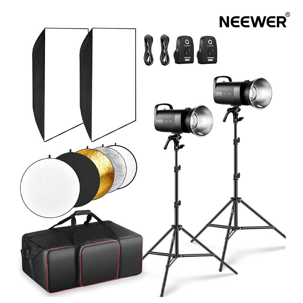 【P10倍+10%引クーポン】NEEWER S102-400W PRO フラッシュライティングキット（2パック） 2X2.4Gトリガー 2X撮影ライトスタンド 2Xソフトボックス 5 in 1レフ板 バッグ 400Ws GN62 5600K 30W LEDモデリングランプ ボーエンズ マウント 静音ファン付き