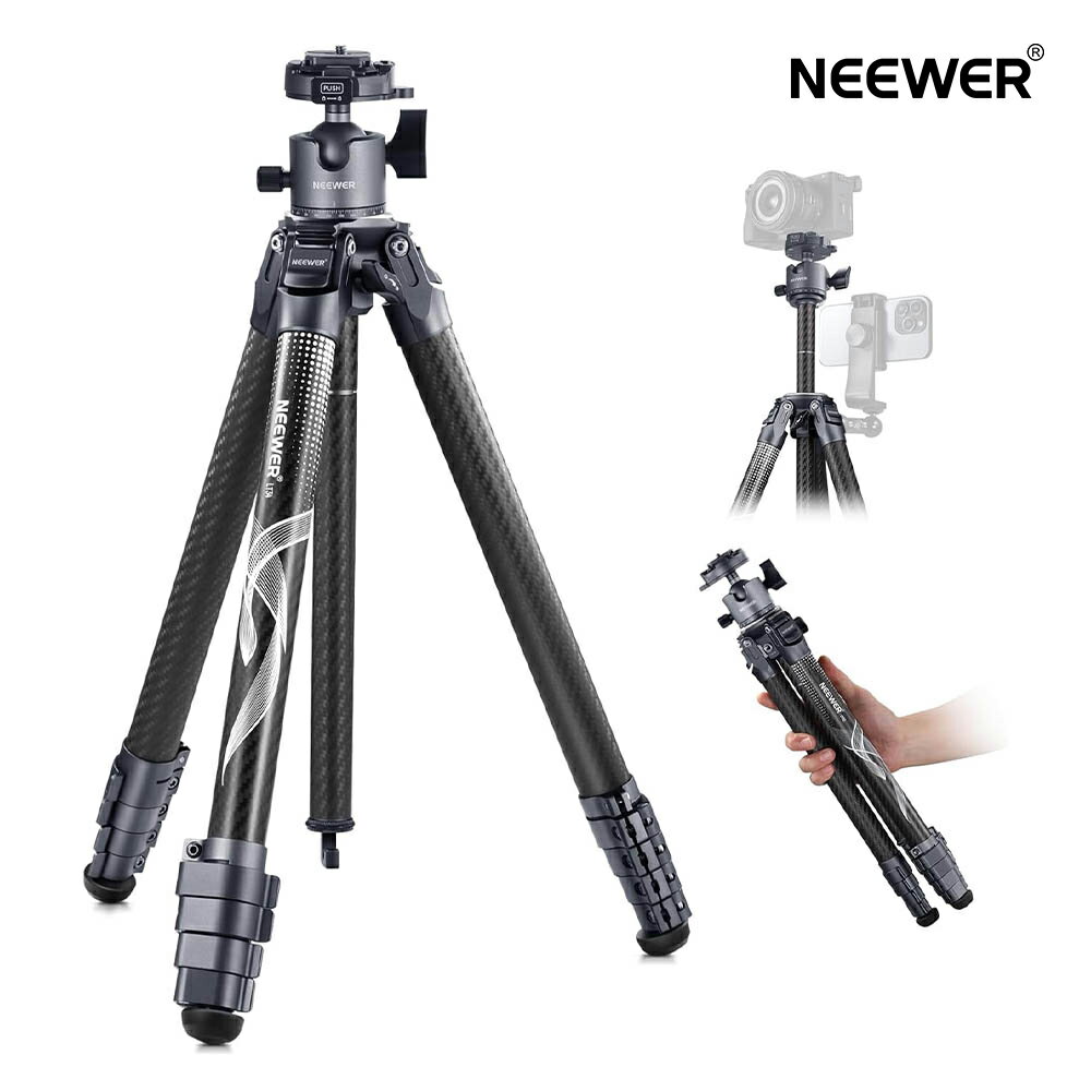 Rakuten - NEEWER LITETRIP 157cmカメラ三脚 カーボン ビデオ三脚 ポータブル 軽量 コンパクト 旅行用三脚 取り外し可能±15°水平調整360°パノラマヘッド/アルカ型QRプレート 撮影用三脚 ビデオカメラスタンド トラベル三脚 Capture V3用 耐荷重10kg LT34