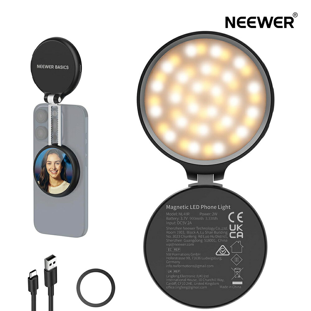 NEEWER BASICS 自撮りライト スマホリングライト マグネット式 MagSafe iPhone対応 小型撮影ライト 5段階色温度 無段階調光 CRI95 1160lux/0.2m 磁気ビデオライト 卓上スタンド スマホホルダー ミラー 900mAh充電式 女優ライト メイク/Vlog用 NL48R
