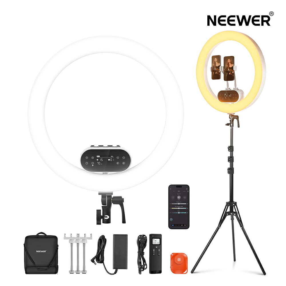 Rakuten - 【P5倍+2000円OFF券】NEEWER RH100 48cm LEDリングライト 三脚スタンド&3つスマホホルダー付き 撮影ライト 高出力 100W 超輝度 2900-7000K 調光可能 ビデオライト CRI97+ 超演色性 アプリ&2.4G制御照明 女優ライト iPhoneに対応 自撮り/YouTube/tiktok動画撮影/化粧/生放送用