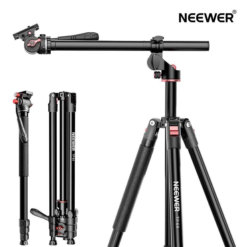 NEEWER カメラ三脚一脚 230cm 俯瞰/水平撮影 ビデオ雲台/フレキシブルセンターコラム付き 金属製 DSLRビデオカメラトラベルスタンド アルカ型QRプレート&逆折り脚 最大荷重6kg TP64
