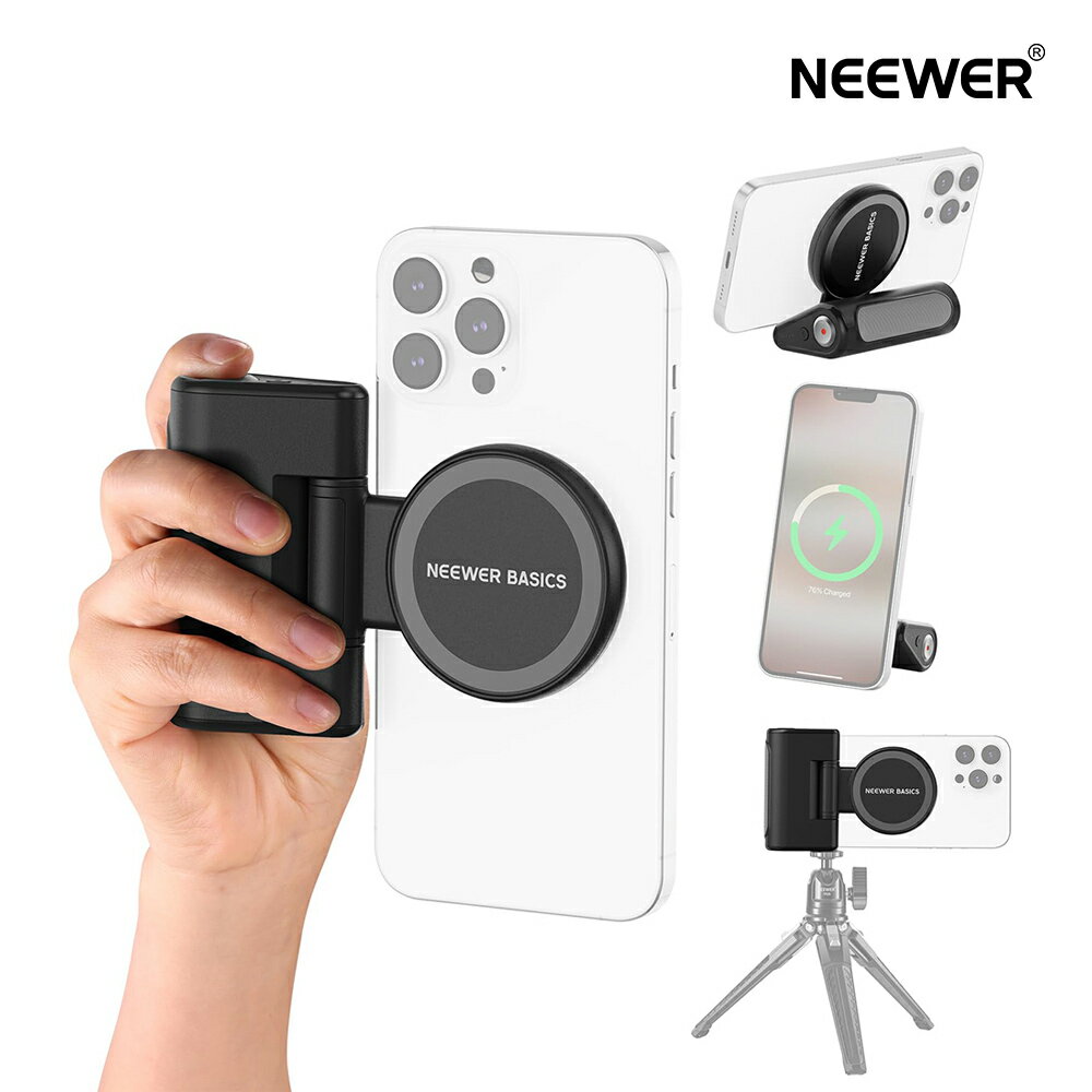 【P10倍UP中!】NEEWER BASICS スマホカメラグリップハンドル マグネット式 シャッターリモコン付き MagSafe iPhone対応 18W磁気充電 5000mAh充電式 Vlog自撮り/三脚ビデオ録画用 WS-25001