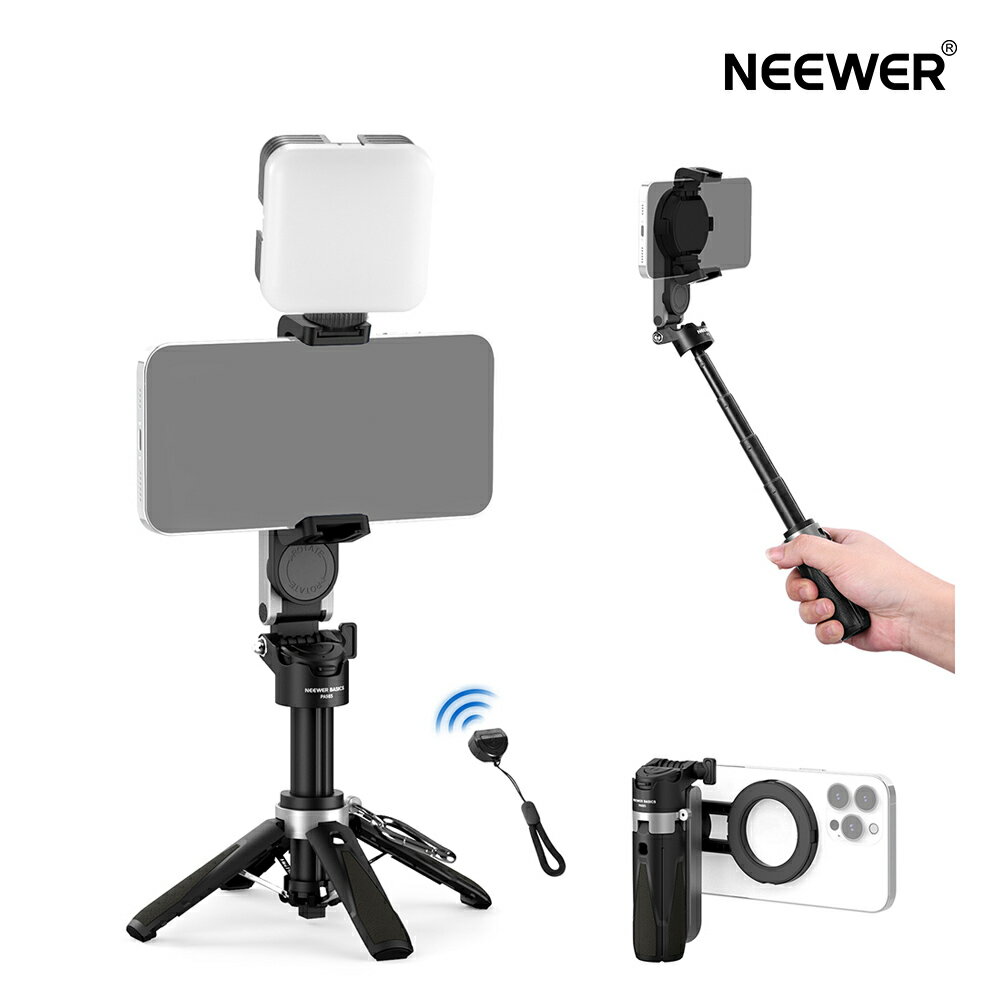 Rakuten - NEEWER BASICS 自撮り棒 マグネット式 スマホ三脚スタンド 取り外し可能リモコン付き ポータブル 旅行用スマホスタンド 伸縮可能 卓上スマホグリップホルダー 磁気 トラベルスマホ三脚 Magsafe iPhone/Android対応 Vlog/ビデオ録画用 PA985
