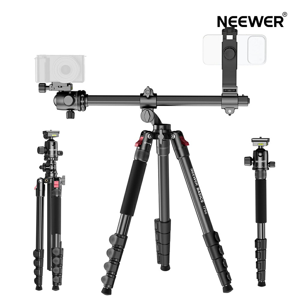 Rakuten - NEEWER BASICS 164cmビデオ三脚 カメラ三脚 水平俯瞰三脚一脚 アルミ製 スマホホルダー付き トラベル三脚スタンド デュアルカメラ/DSLRカメラ/ビデオカメラ用 撮影用三脚 旅行三脚 iPhone 16 Pro Max/15/Galaxy S25 S24 Ultra対応 耐荷重10kg TP66