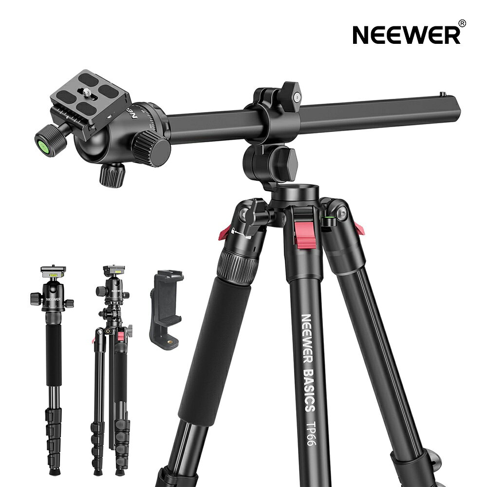 Rakuten - NEEWER BASICS 164cmカメラ三脚 ビデオ三脚 水平俯瞰 ボールヘッド/スマホホルダー付き 撮影用三脚 アルミ製 トラベル三脚スタンド 旅行三脚 カメラ一脚 360°パン&180°チルト iPhone 16 Pro Max/15/Galaxy S25 S24 Ultra/Android対応 耐荷重10kg TP66