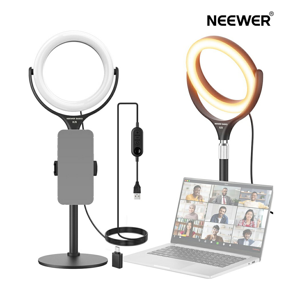 【P10倍UP中!】NEEWER Basics 7インチ 卓上リングライト 10W LED自撮りライト デスクスタンド/スマホホルダー付属 iPhone対応 二色 調光可能 CRI95+ 455lux/0.5m スマホ/ノートパソコン用女優ライト 自撮り/メイク/ビデオ録画/会議照明/生放送/動画撮影用 RL7B