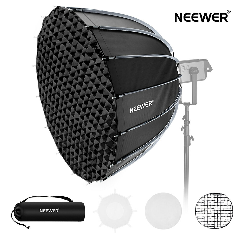 *商品説明： 【NEEWER BASICS シリーズ】 ●NEEWER BASICS シリーズは、シンプルで実用性に優れたシリーズで、基本的な機能とデザインに基づいて、不要な追加機能や素材がありません。 【プロ仕様パラボリックソフトボックス】 ●パラボリックソフトボックスはサイズ120x74.5cmで、厚手のナイロンで作られ、シルバー内側コーティングが施されており、光広がりと柔らかさを保ちながら、色正確さを保ちます。 ●2つライトディフューザーとハニカムグリッドが付属し、最適な出力効果を実現します。 ●折りたたみ式ソフトボックスは重量は2.22kgで、付属巾着バッグに簡単に収納し、持ち運びに便利です。 ●ポートレート撮影、商品写真、美容ファッション撮影、結婚式、企業ヘッドショットなどに最適です。 【軽量&ナイロン合金製】 ●ソフトボックスはリブを引き上げるだけで展開し、数秒でロックできます。 ●クイックリリースボタンを押し続けるだけで折りたたむことができます。 ● 16本高弾性リブは優れた耐久性と形状を実現し、何万回もプレスにも変形することなく耐えます。 ●取り付けプレートもナイロン合金製にアップグレードされ、軽量ながらも頑丈で錆びにくく、日常的な摩耗にも耐えます。 【ハニカムグリッド&ディフューザー】 ●パラボリックソフトボックスは内側と外側のディフューザーを組み合わせ、より柔らかく拡散した光を作り出します。 ●タッチファスナーで固定がやすく、組み立ても簡単です。 ●キットはハニカムグリッドが付属し、光を45°に照射して光漏れを軽減でき、モデルの顔立ちを際立たせ、柔らかくも力強い独特な照明効果を生み出し、スタジオカメラ撮影、映画撮影、生放送、写真撮影、ビデオ撮影などに最適です。 【標準Bowensマウント】 ●パラボリックソフトボックスキットは、SL60W、120D/60D、100X/150C/600D、NEEWER Q4 Vision 4、CB200B RGB/CB60、MS60B/MS60C/MS150B、S101-300WPRO/400W Pro、その他のBowensマウントスタジオストロボライトに対応し、LEDビデオ定常光ライトに対応し、コンテンツクリエイターやインフルエンサーにとって必要な撮影照明アクセサリーとして最適です。 ◆◆◆【安心のメーカー1年保証】 ●通常使用による故障が発生した場合、お買い上げ日から1年間の無償保証サービスを提供致します。 *仕様： モデル: NS39P アイテムタイプ: パラボリックソフトボックス 主な材質: ナイロン、ナイロン合金、アルミ合金 作業サイズ: 120 x 74.5cm 折りたたみ時サイズ: 97 x19 x19cm 内寸: 62x62cm 外寸: 113 x113cm グリッドサイズ: 119x119cm 重量: 2.22 kg *パッケージ内容： 1x 120cmパラボリックソフトボックス 1x ハニカムグリッド 2x ディフューザー 1x キャリーバッグ 1x ユーザーマニュアル