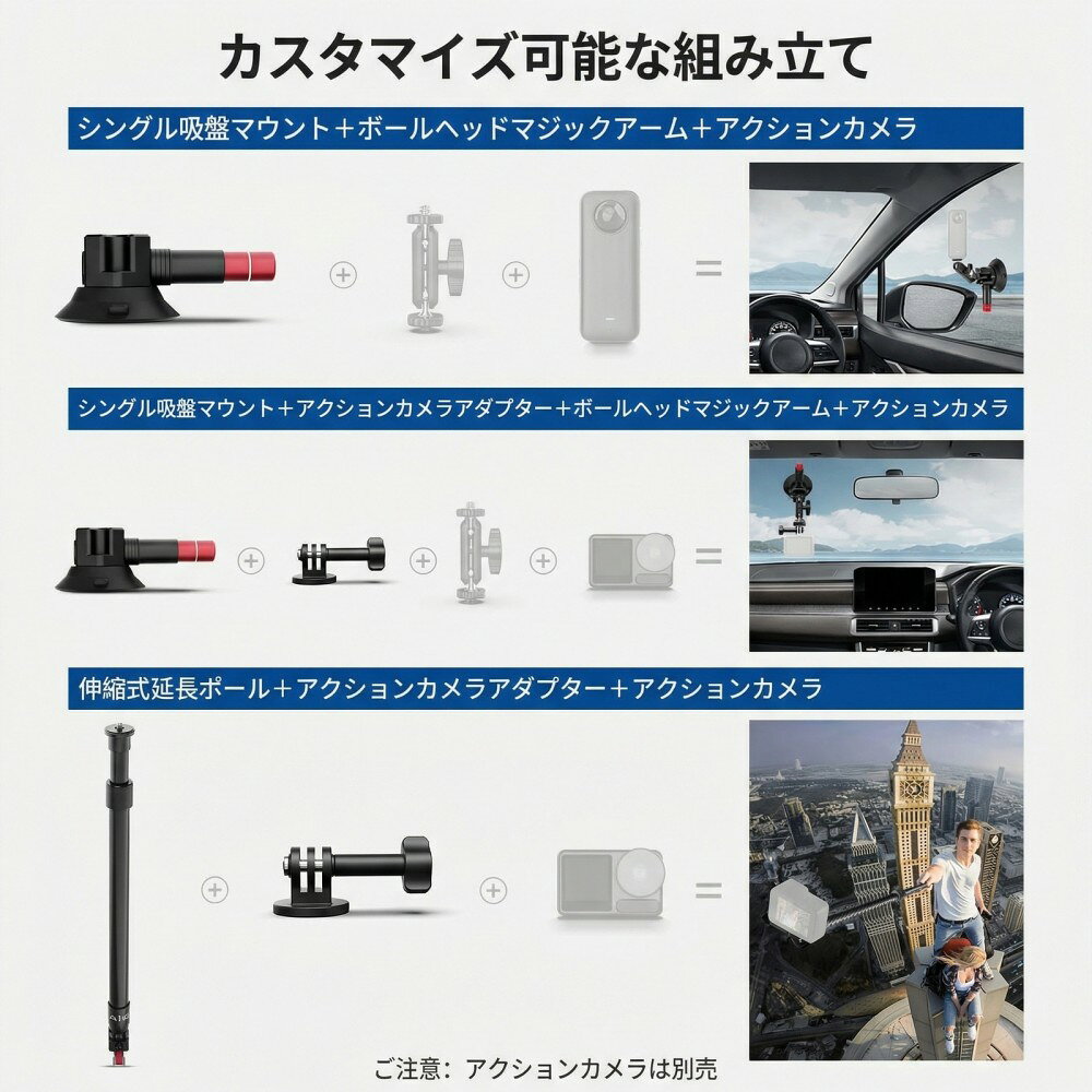NEEWER トリプル吸盤カーマウントキット 60cmアルミ合金延長ポール2本/NATOレール...