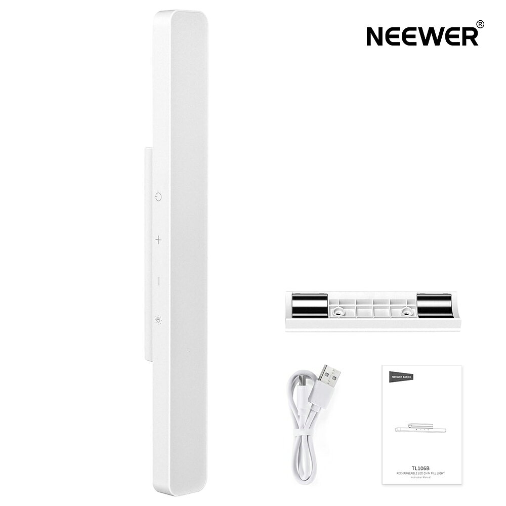 *商品説明： 【NEEWER BASICSシリーズ】 ●NEEWER BASICSシリーズは、シンプルで実用性に優れたシリーズで、基本的な機能と設計に基づいて、不要な追加機能や素材がありません。 【目に優しい】 ●NEEWER LEDチンフィルライトは、ホワイトディフューザー内に72個高品質LEDを配置。 ●まぶしさを抑えた柔らかな拡散光で、あご下から上方へ自然な光を演出します。 ●肌を明るく美しく見せながら、ほうれい線や首元のシワを目立ちにくくし、均一な肌トーンと立体感のある輪郭を実現します。 【高輝度と調光可能】 ●LEDデスクライトは、最大900ルクス/0.3mの高照度を実現。 ●CRI90の高演色性が肌の質感を忠実に再現。 ●3段階の色温度モードと5段階調光機能を備えています。 ●TikTokやYouTubeのコンテンツクリエイターやインフルエンサー、メイクアップアーティストのVlog制作、配信、自撮り撮影まで、多彩なシーンで理想的な照明環境を提供します。 【大容量バッテリーと角度調整】 ●自撮りライトは2200mAhの大容量バッテリーを搭載し、最大輝度で最大約228分の連続使用が可能。 ●磁気ベースにより首元から顔面まで70°の角度調整ができ、自然な立体感を演出します。 ●PCやウェブカメラ、ノートパソコンでのZoom通話、ビデオ会議など、多様なシーンで理想的な照明を提供します。 【軽量とポータブル】 ●LEDライトのサイズが約33×3.8×4.6cm、重量約200gのコンパクト設計。 ●ポケットに収まるサイズながらプロ仕様の光質を実現する、旅行中のメイクアップアーティストやコンテンツクリエイターに最適な携帯性を実現。 ●デスクトップ動画収録からロケーション撮影、ポッドキャストまで、外出先でもスタジオ品質の照明環境を提供するポータブル照明ツールです。 ●ご使用中何かご質問がございましたら、お気軽に弊社のカスタマーサポートまでお問い合わせください。 ◆◆◆【安心のメーカー1年保証】 ●通常使用による故障が発生した場合、お買い上げ日から1年間の無償保証サービスを提供致します。 *仕様： モデル: TL106B 商品タイプ: チンフィルライト カラー: ホワイト 用途: ライブストリーミング 主な特徴: ポータブル、調整可能 主な材質: プラスチック 寸法: 13.1"x1.5"x1.8"/332x38x46mm 重量: 202g LED数: 72個 出力: 3W 最大照度: 900lux/0.3m 色温度モード: 暖色、中間色、寒色 調光レベル: 5段階 CRI: 90 内蔵バッテリー: 3.7V 2200mAh バッテリー持続時間: 228分 充電時間: 117分 傾斜角度: 70° *パッケージ内容： 1 x チンフィルライト 1 x マグネットベース