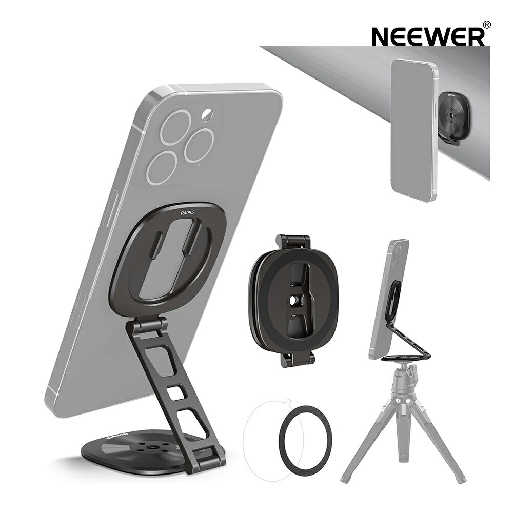 Rakuten - 【P5倍+300円OFF券】NEEWER スマホリングホルダー デュアルマグネット式 超薄型 折りたたみ式 スマホグリップスタンド 両面磁気吸着 三脚マウント 1/4