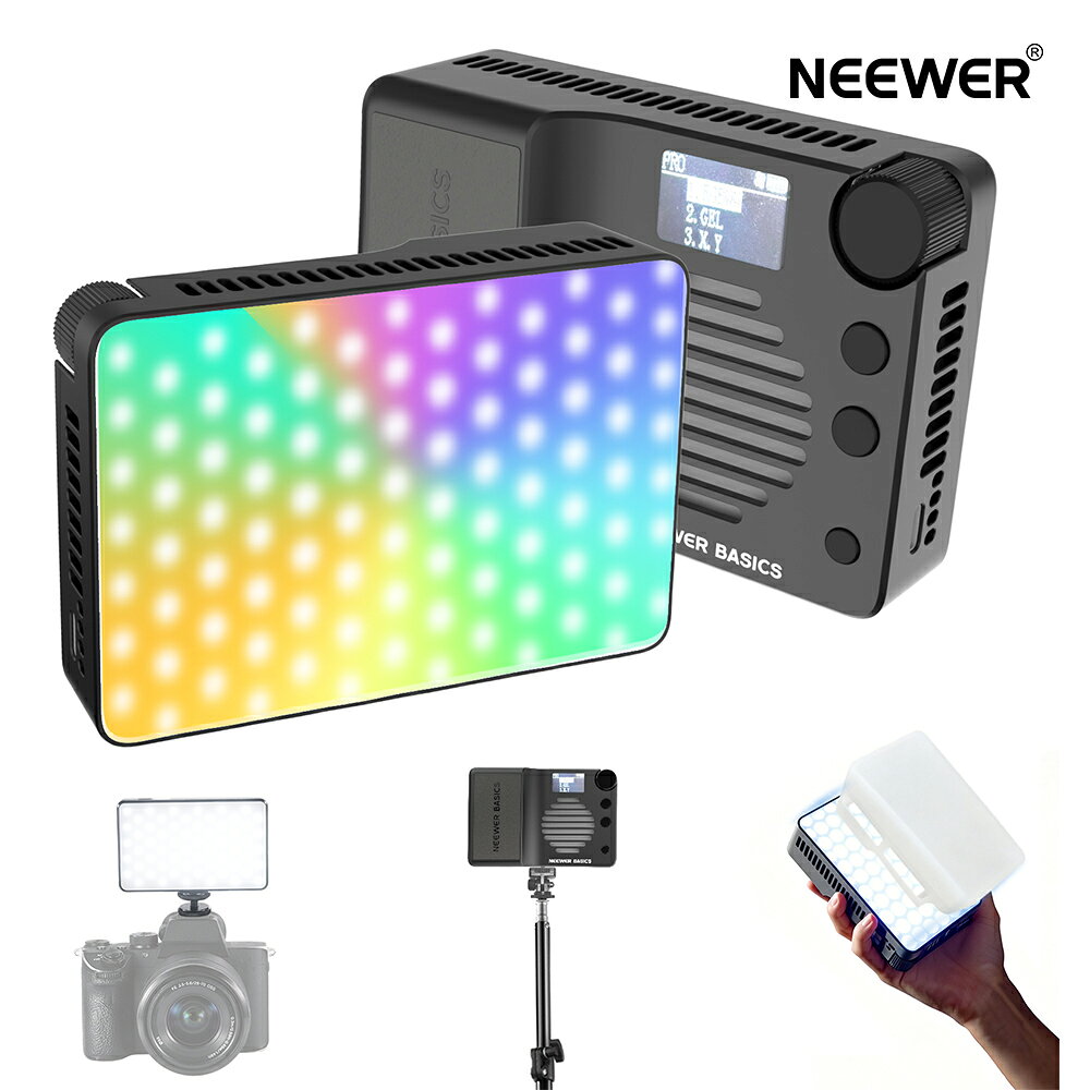*商品説明： 【NEEWER BASICSシリーズ】 ●NEEWER BASICシリーズは、シンプルで実用性に優れたシリーズで、基本的な機能と設計に基づいて、不要な追加機能や素材がありません。 【CCT/HSI/FX 3モード搭載】 ●NEEWER BS40Cは、60個の暖色LED、60個の寒色LED、54個のRGB LEDを組み合わせ、ブーストモードで最大4800ルクス/0.5m（5600K）の高輝度を実現し、ポートレート撮影やスタジオ撮影を強力にサポートします。 ●CCTモードでは2500K〜10000Kの広範囲な色温度調整と0〜100%の精密調光が可能。 ●HSIモードではフルカラーRGB制御により、あらゆる色を自由に表現。 ●FXモードでは14種類のダイナミックエフェクトを簡単に追加できます。 【柔軟な使用方法】 ●マグネット式で金属面に簡単に取り付け可能なほか、付属のコールドシューアダプターで一眼/ミラーレスカメラに直接取り付け可能。 ●また、調整可能な卓上三脚に1/4インチネジで装着できます。 ●コンテンツクリエイターやインフルエンサーのストリーミング配信から日常のビデオ撮影まで、多様なシーンで頼りになる必須の補助照明ライトです。 【5000mAhバッテリー搭載】 ●標準モードで最大65分間、ブーストモードでも最大40分間の連続使用を実現。 ●ポートレートからスタジオ撮影、ポッドキャスト、メイクアップ、Vlog、ビデオ会議、ゲーム配信まで、多彩なシーンで活躍するポケットサイズのミニLEDライトです。 【冷却ファン搭載のコンパクト設計】 ●BS40Cは、わずか11.7cm×8cm×4.5cm・279gの軽量ボディでありながら、プロ仕様の照明性能を発揮するLED RGBカメラライトです。 ●YouTubeやTikTokの動画制作、自撮り、ロケ撮影など、あらゆる写真・動画シーンに最適です。 ●内蔵冷却ファンは、スマート・ブースト・サイレントの3モードから選択可能で、長時間使用時も安定した効率的な放熱を実現します。 ●ご使用中何かご質問がございましたら、お気軽に弊社のカスタマーサポートまでお問い合わせください。 ◆◆◆【安心のメーカー1年保証】 ●通常使用による故障が発生した場合、お買い上げ日から1年間の無償保証サービスを提供致します。 *仕様： モデル：BS40C アイテムタイプ: RGBビデオライト カラー：ブラック 互換性：ホットシュー付きカメラ、三脚 用途：ビデオ撮影、Vlog 主な特徴：ポータブル、フルRGB 主な素材：金属、プラスチック 寸法：4.6"x3.1"x1.8"/11.7x8x4.5cm 重量：279g 電力：40W（標準モード）、45W（ブーストモード） LED数：暖色60個、寒色60個、RGB 54個 最大照度：4800ルクス/0.5m 照明モード：CCT/HSI/FX 色温度：2500〜10000K（±100K） RGB範囲：0〜360°フルスペクトル 明るさ範囲：0〜100% シーンエフェクト：14種類 CRI/TLCI: 95+/97+ バッテリー容量：5000mAh バッテリー持続時間：60分（標準モード）/40分（ブーストモード） 充電時間：135分 電源入力：5V 2A 取り付け方法：マグネット、1/4インチネジ穴、コールドシュー *パッケージ内容： 1x RGBビデオライト 1x コールドシューマウント 1x USB 充電ケーブル 1x シリコン製ディフューザー