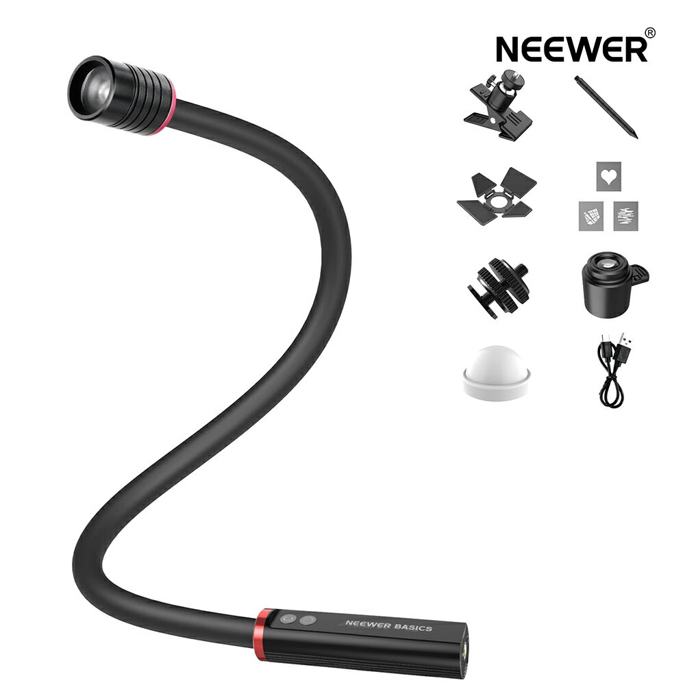 NEEWER BASICS ML01 USB C LEDライト マクロ撮影用 アーム式 4W IP54 ビーム角調整可能 1830Lux CRI95 高演色性 スポットライト 5色RGB 2500mAhバッテリー/コールドシューマウント/クランプ/GOBOアクセサリー