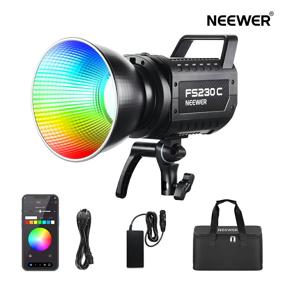*商品説明： 【230W高出力＆高輝度RGBビデオライト】 ●NEEWER FS230C COB LEDライトは、先進の光学技術により安定した高輝度出力を実現。 ●付属のリフレクター使用時、1m距離で最大23,000ルクス（5600K）の圧倒的な明るさを提供します。コンパクトで持ち運びやすく、ポートレート撮影、インタビュー、ビデオ収録、ポッドキャスト、スタジオ、YouTube/TikTok動画制作、映画撮影、ライブ配信など、多彩なシーンでキーライトとして活躍。 ●コンテンツクリエイターやインフルエンサーにとって、創造性を引き出す必須の照明機材キットです。 【正確なPWM調光＆RGBカラーモード 】 ●NEEWER FS230Cスポットライトは、CCT/HSI/RGBCW/FX/Gel/Source/XYの7種類の照明モード、LEE&ROSCOの40色のゲルカラー（それぞれ20色）を提供する36,000色のフルカラースポットライトです。 ●17種類の照明効果により異なるシナリオプリセットで映像クリエイターの多様な創作ニーズに対応します。 ●PWM技術搭載で0-100%無段階で正確な調光を実現します。 ●4つの調光パターン (指数関数、対数、S、線形) により、正確な照明調整に関するさまざまな要件を満たすことができます。 ●色温度は2700Kから7500Kまで調整可能、暖色から寒色まで瞬時に切り替え、GM±50の正確なトーン調整が可能です。 ●CRI 97+、TLCI 98+の超高演色性により、被写体の色彩を忠実に再現します。 【パネル&アプリ&2.4Gワイヤレス制御】 ●直感的な本体パネル操作に加え、専用NEEWERアプリでグループ管理、OTAファームウェアアップデート、光源設定、シーンエフェクト、FXミュージックなど、多彩な照明制御に対応。 ●内蔵2.4Gシステムは、最大20m範囲内で00〜99チャンネルの選択が可能、Bluetoothで多灯同期制御 (NEEWER FS150B/FS230B等)に対応し、高度な照明演出を実現します。 【3段階ファンモード＆多彩なアクセサリー互換性】 ●NEEWER FS230C撮影ライトは、AUTO（自動）、BOOST（高冷却）、SILENT（静音）の3種類のファンモードを搭載。 ●撮影環境や発熱状況に応じて最適な放熱を実現し、高い冷却効率を保ちながらも静音性を両立します。 ●Bowensマウントを採用し、ソフトボックス、リフレクターなど豊富なライトモディファイアに対応。 ●三脚マウントは0〜180°の角度調整が可能で、あらゆる撮影スタイルに柔軟に応えます。 【ケーブルロック付きデュアル電源】 ●NEEWER FS230C定常光ライトは、電源アダプターと電源コードを備え、屋内で連続使用できます。 ●XLR電源入力にはケーブルロックが装備されており、ケーブルの緩みを防ぎ、安定した照明を実現します。 ●また、ライトはVマウントバッテリー(別売)を使用することで、コードレス照明を実現できます。 ●屋外ロケや移動撮影環境において、プロ品質の連続照明を提供します。 ●ご使用中何かご質問がございましたら、お気軽に弊社のカスタマーサポートまでお問い合わせください。 ◆◆◆【安心のメーカー1年保証】 ●通常使用による故障が発生した場合、お買い上げ日から1年間の無償保証サービスを提供致します。 *仕様： モデル: FS230C アイテムタイプ: COB RGBビデオライト 最大出力: 230W 最大照度: 23000lux/1m、5600K(リフレクター使用時) 9460lux/1m、4400K(非装着時) 色温度: 2500K-7500K(100K単位) 輝度範囲: 0-100%(1%単位) GM値: -50~50 調光カーブ: S/対数/指数/線形 CRI/TLCI: 95+/97+ チャンネル範囲: 00-99 照明モード: CCT/HSI/RGBCW/ゲル/FX/光源/XY シーン効果: 17種類 光源: 17種類 電源: アダプター/16.8V Vマウントバッテリー 主な材質: プラスチック 重量: 3.2kg 寸法: 22x20x13cm *パッケージ内容： 1x FS230C RGBビデオライト 1x 標準リフレクター 1x ライトヘッドプロテクター 1x アダプター 1x 電源コード 1x ユーザーマニュアル 1x キャリングバッグ