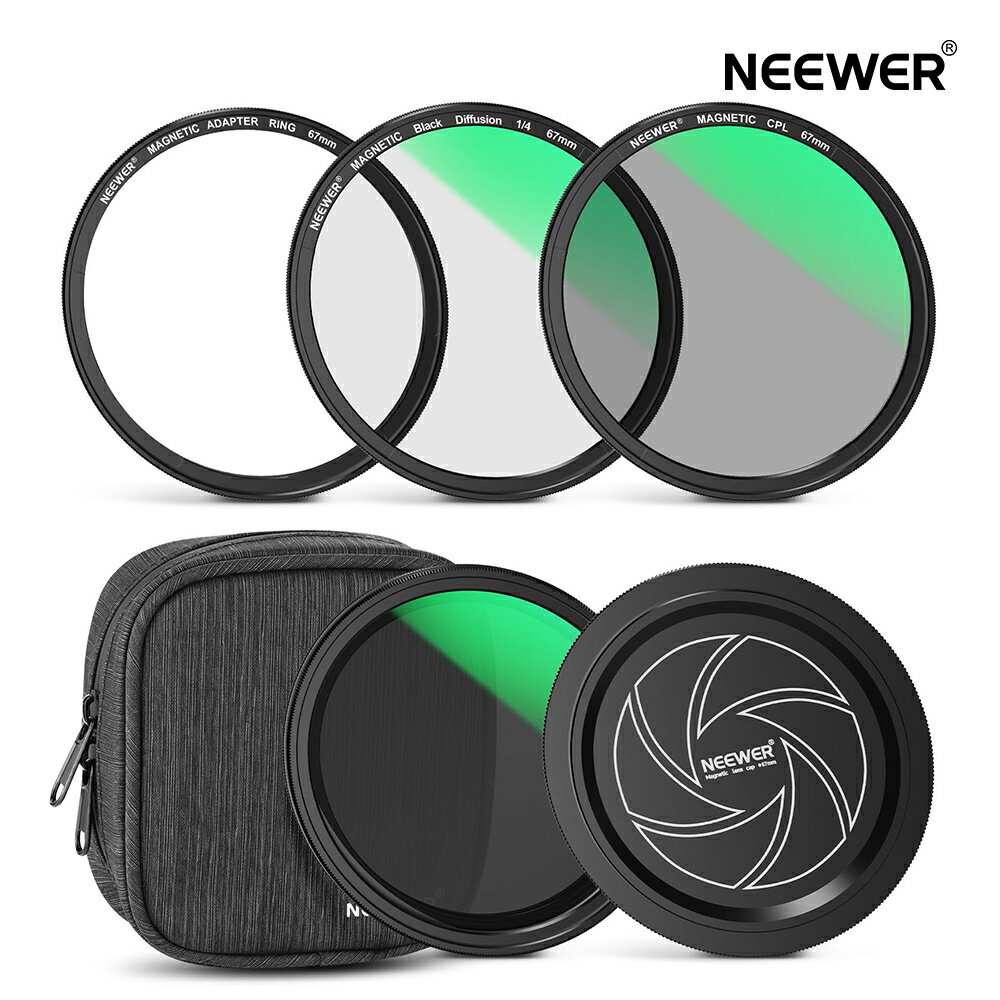 樂天商城 - NEEWER 67mm マグネット式フィルターキット CPL+可変ND2-32+1/4ブラック拡散+レンズキャップ+アダプターリング 5 in 1 重ね付け可能マルチコートカメラレンズ 円偏光 減光フィルターアクセサリー
