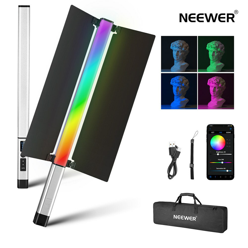 NEEWER CL124 RGB LEDスティックライト ハンディライト 撮影照明 撮影ライト APPコントロール メタルバーンドア 360°フルカラー 16W 2500K-10000K CRI97 チューブライト 17種照明シーン LCDディスプレイ 2600mAhバッテリー スタジオ撮影/ビデオ撮影用