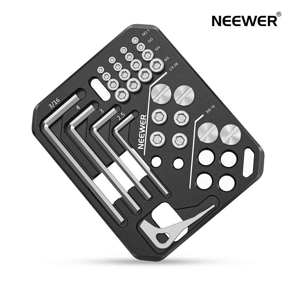 NEEWER ネジと六角キー収納プレートキット 5個の六角キーと24個のステンレス鋼ネジ: 3/8" 1/4" M2.5 M3 M4 M5 SmallRigに対応 ハンドルカメラケージ 写真撮影アクセサリーに対応 UA001