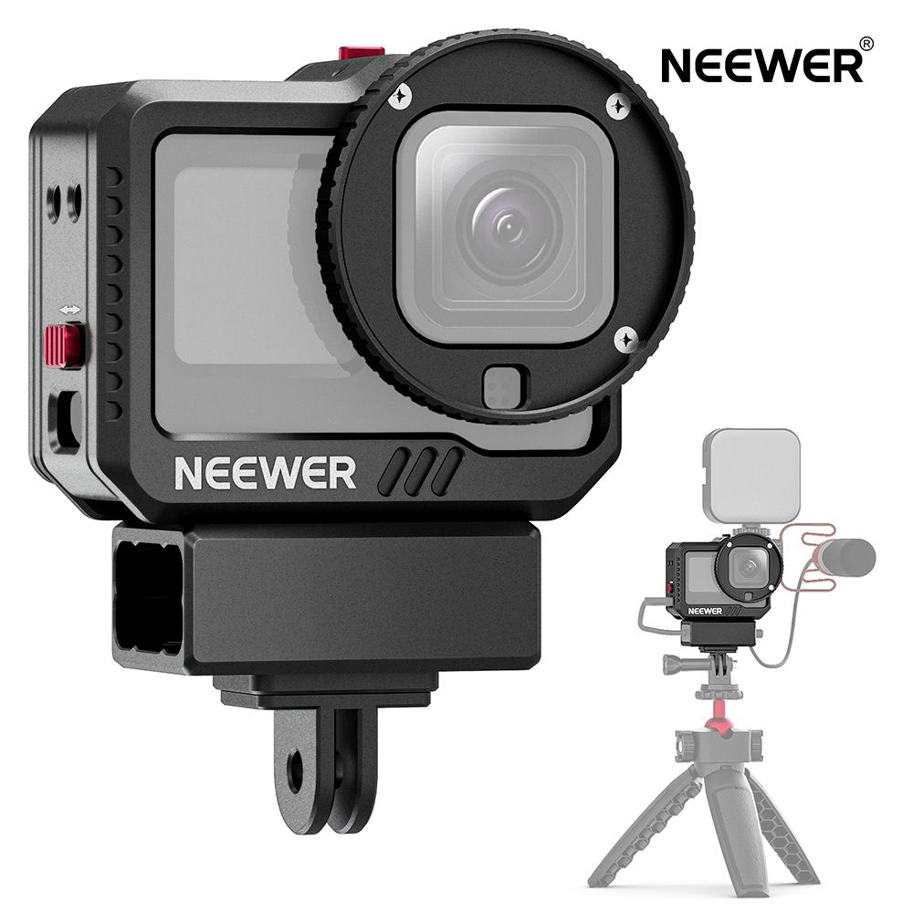 NEEWER GoPro Hero 11 10 9ビデオケージキット アルミニウムハウジングケース マイクオーディオアダプター 52mmフィルターアダプター 1/4"スレッド コールドシューマウント GoProマイク LEDライト Vlogメディアアクセサリーに対応 AC002