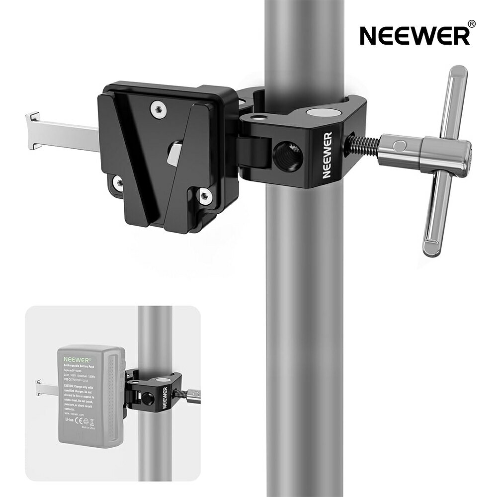 【P10倍UP中!】NEEWER ミニVマウントバッテリープレート スーパークラブクランプ付き BP-V47 BP-V95 BP-150WS BP-190WSに対応 QRロック付き より広い開口部 三脚 撮影ライトスタンド用 Cスタンドジンバルショルダーリグ SmallRigに対応 PS003