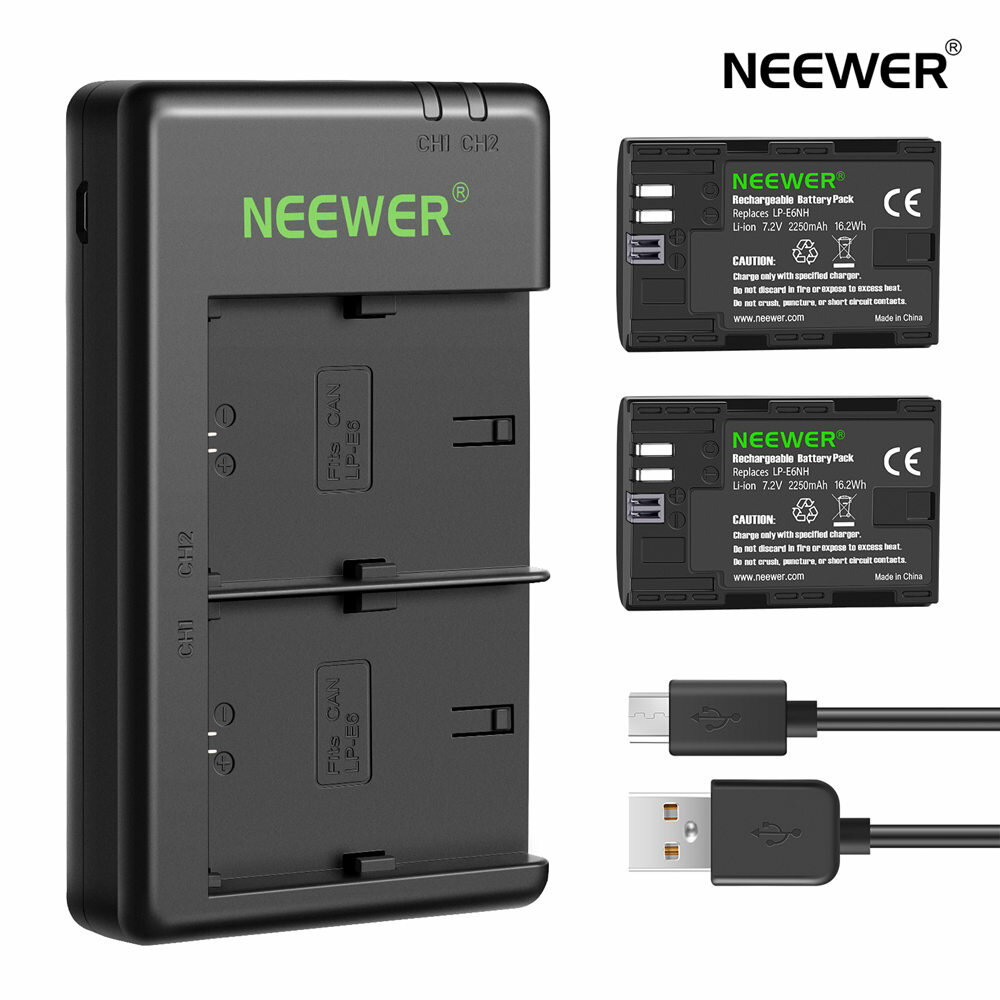 NEEWER 交換用LP-E6NHバッテリー/充電器セット マイクロUSBポート　Canon EOS R7、EOS R5、EOS R6、EOS R6 II 、EOS R、 5D II III IV、 6D、 6D II、 7D、 7D II、 60D、 70D、 80D、 90Dに対応(2個、マイクロ USB ポート)