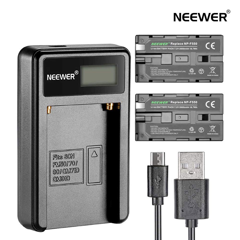 NEEWER マイクロUSBバッテリー充電器＋2個 2600mAh NP-F550/570/530交換用バッテリー Sony HandyCams NEEWER Nanguang CN-160 CN-216 CN-126 LED ライト Polaroid On-Camera ビデオ ライトに対応