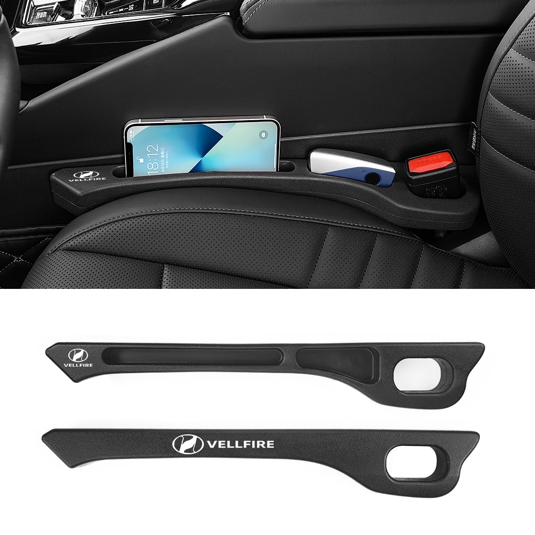 ヴェルファイア 専用 隙間クッション 厚型 VELLFIRE 専用ロゴ 隙間埋め 車用 シートサイド クッション ヴェルファイア 20系 30系 40系 適用 正裏面取付可 シート コンソール 隙間収納 落下防止 小物入れ 内装パーツ 運転席+助手席 ロゴ左右対称設計 2本入り (ブラック ヴェ