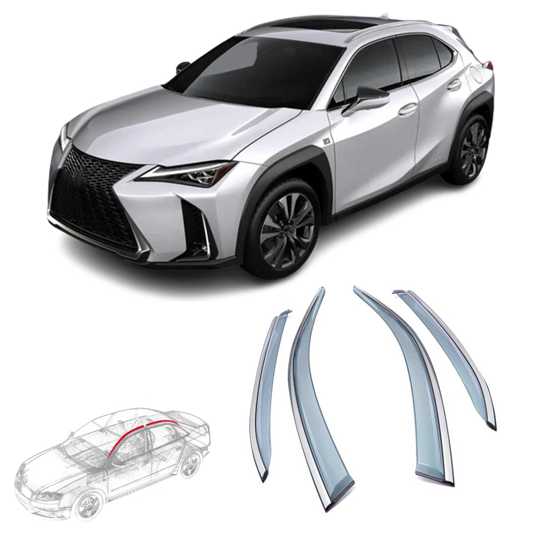 4枚 車用サイドバイザー レクサスUX UX200 UX250h (2018.11~現行) 専用 ドアバイザー サイドバイザー 車種専用設計 カーレインシールド トリムカバー 半透明ブラック 社外品