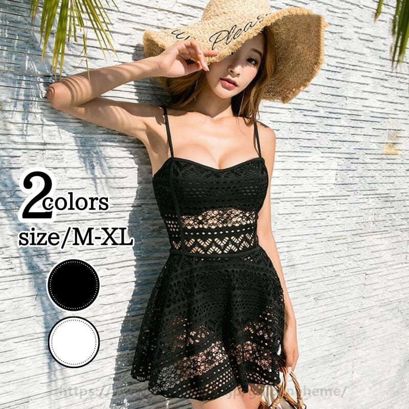 水着 レディース 体型カバー 2点セット ワンピース水着 オールインワン ママ水着 フリル 大きいサイズ スカート 細見え ぽっちゃり ブラック ホワイト かわいい レース