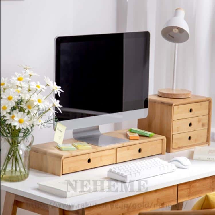 竹製 PC台 引出し付き 引出 机上台 シンプル 卓上 ナチュラル モニターラック ディスプレイ台 机上ラック モニタースタンド モニター台 デスク上 液晶モニター台 デスク上スタンド 卓上ラック 卓上台 ノートパソコン台 プリンター台 キーボード収納 パソコン台 [3]