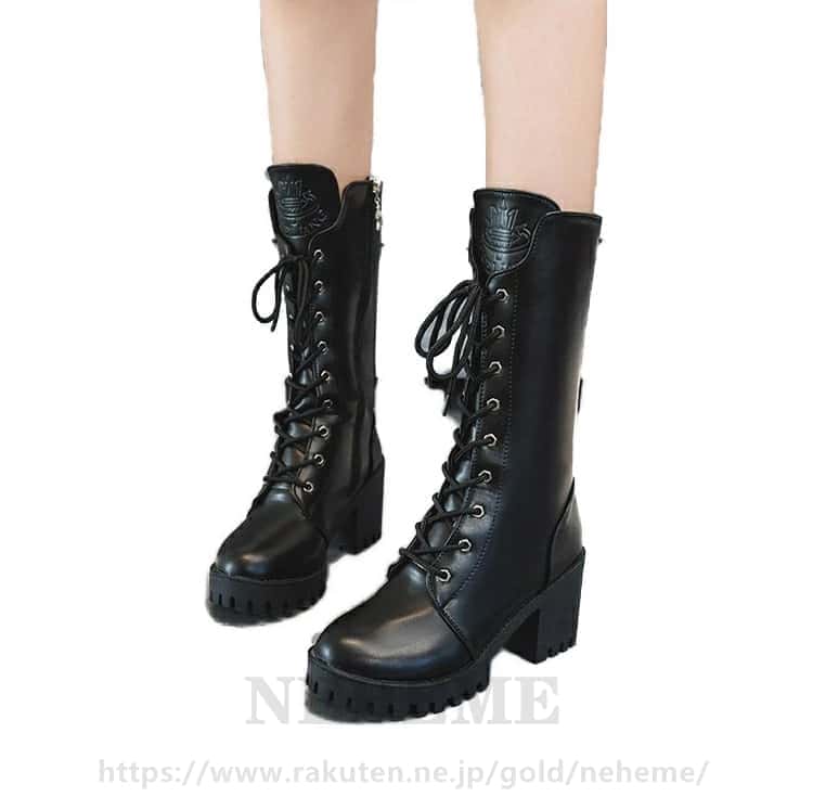 厚底ブーツ レディース 編み上げ ブーツ サイドジッパー バックル 太ヒール 美脚 カジュアルシューズ
