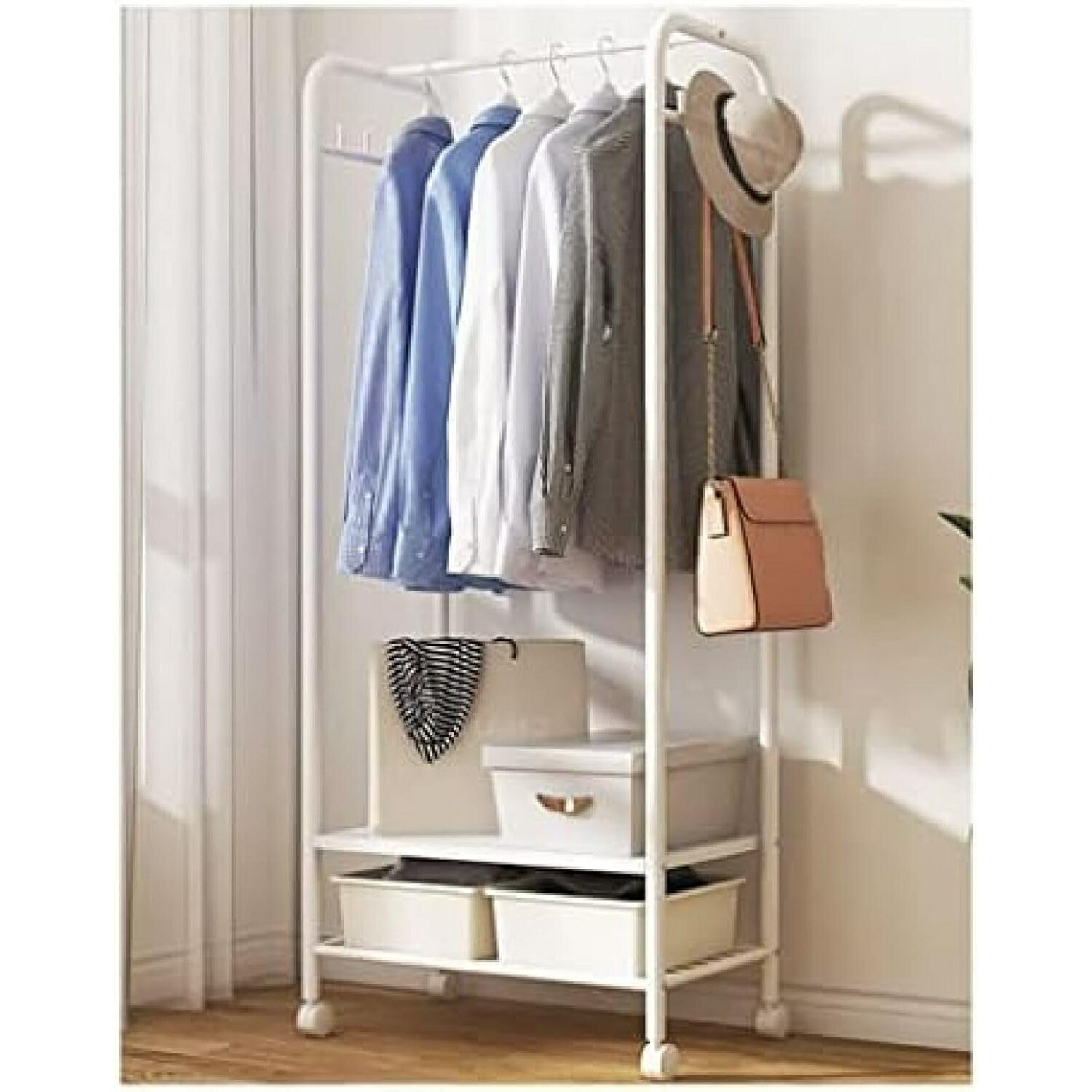 2段ハンガーラック スリム コートハンガー キャスター付き 洋服ラック おしゃれな白色デザイン 頑丈な..