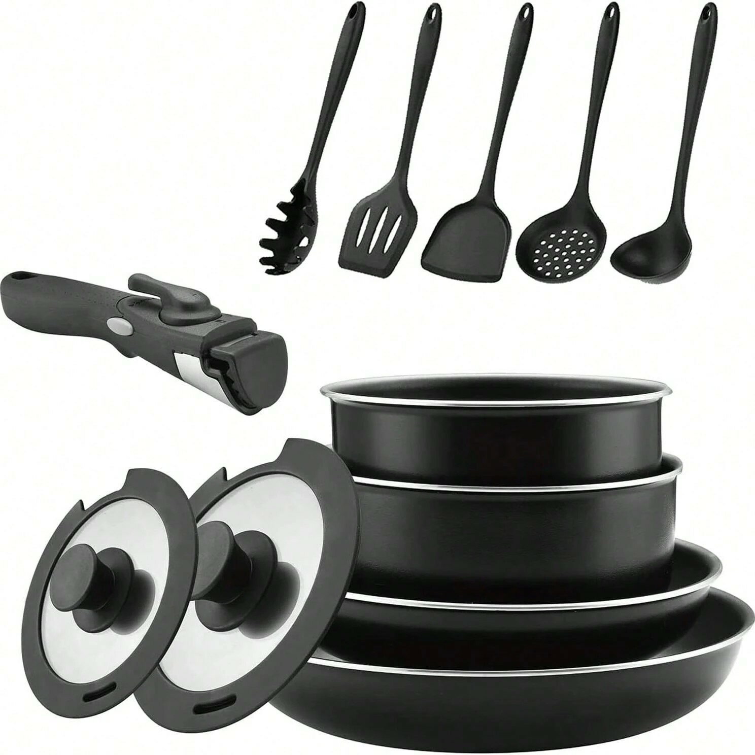 フライパン 鍋 12点セット ダイヤモンドコーディング ブラック 収納 フライパンセット ガス火/IH対応 取っ手が取れる 鍋 セット 18-26cm（ブラック）