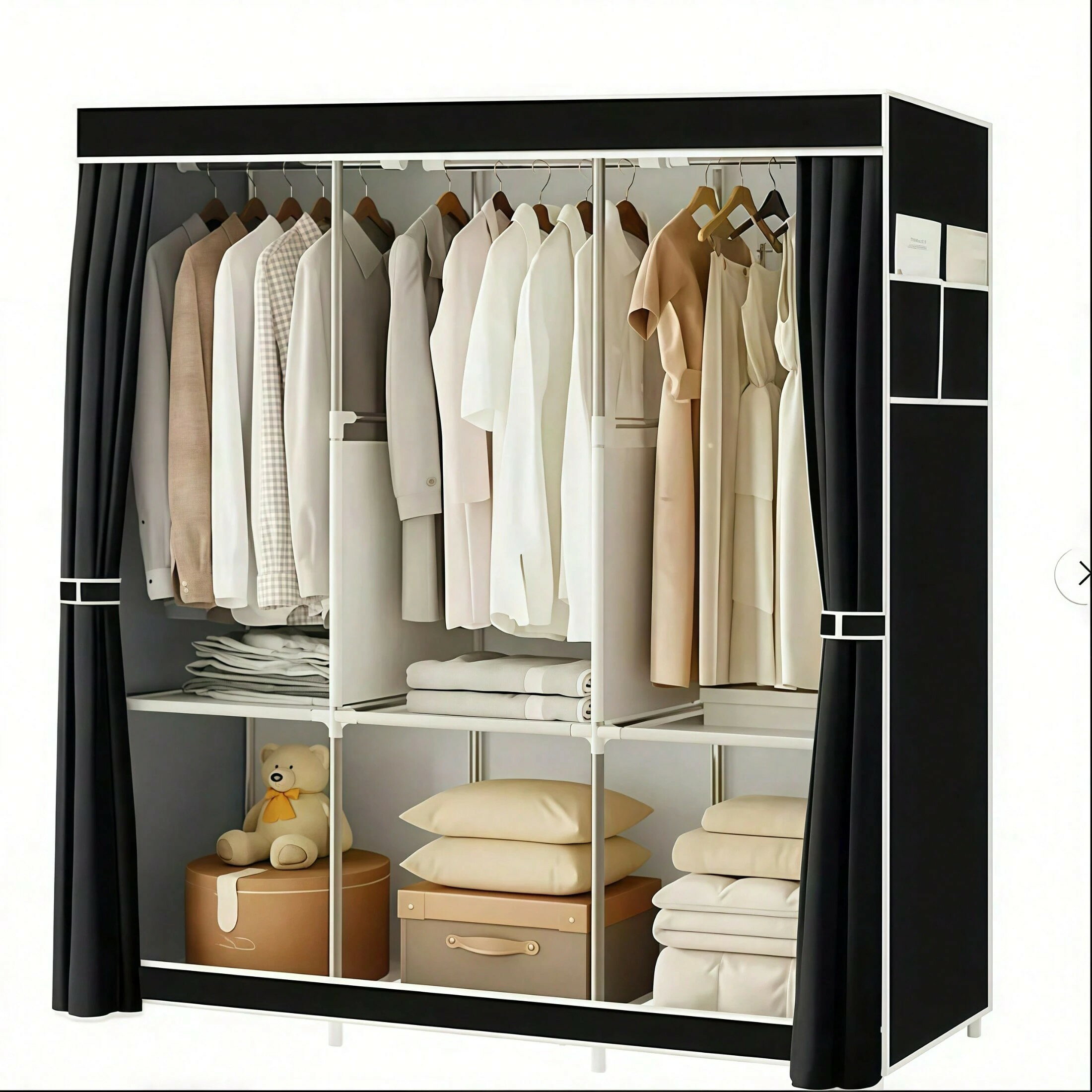 スペース効率的な 現代的 ポータブル クローゼットオーガナイザー、ほこり防止 不織布 - ステンレススチールフレーム、 服と靴の多段クローゼット、 フリースタンディング デザイン、ブラック/ホワイト - 簡単組立て、収納、ポータブル洋服タンス