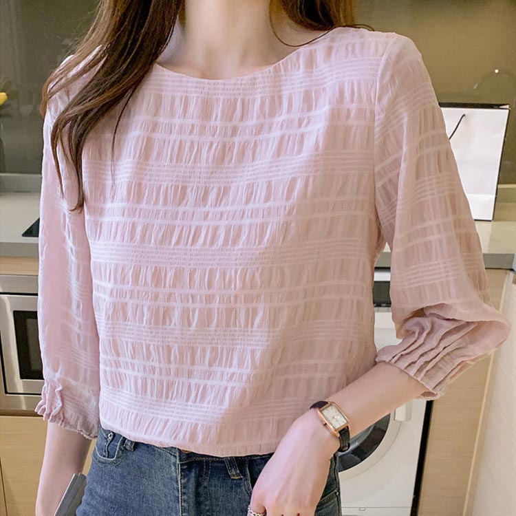 シフォンブラウス 七分袖 レディース トップス 半袖 上品 五分袖 ゆったり しわ 皴　おしゃれ 薄手 シンプル 無地 通勤 オフィス 夏 送料無料 S M L XL 2XL