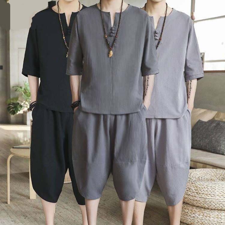 neighborの夏 ルームウェア セットアップ リネン混 7分袖 tシャツ 7分丈 パンツ サルエルパンツ 男性 メンズ 半袖 パジャマ 上下 セット 部屋着 寝間着 2点セット 綿麻 薄手 ゆったり 涼しい 通気性 無地 シンプル 大きいサイズ L XL 2XL 3XL ワンマイルウェア 【送料無料】｜アングル2