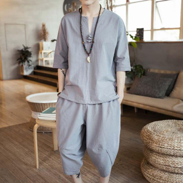 neighborの夏 ルームウェア セットアップ リネン混 7分袖 tシャツ 7分丈 パンツ サルエルパンツ 男性 メンズ 半袖 パジャマ 上下 セット 部屋着 寝間着 2点セット 綿麻 薄手 ゆったり 涼しい 通気性 無地 シンプル 大きいサイズ L XL 2XL 3XL ワンマイルウェア 【送料無料】｜アングル3