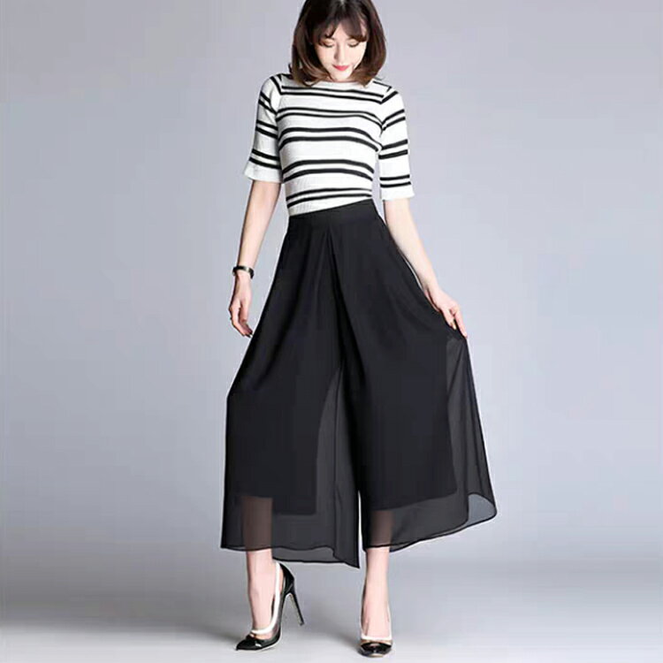 シフォン ガウチョパンツ ワイドパンツ レディース 9分丈 パンツ 涼感素材 フレア...