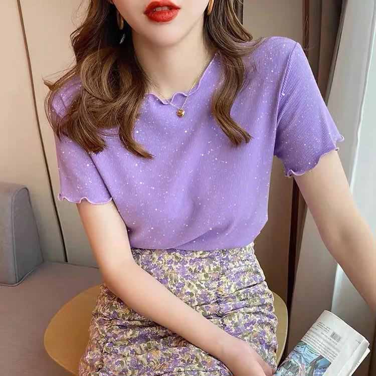 メロウフリル 半袖カットソー 薄手 レディース トップス tシャツ 半袖 Tシャツ きらきら 春夏 無地 カジュアル 送料無料 おしゃれ かわいい 大人 学生 フリーサイズ 大きいサイズ