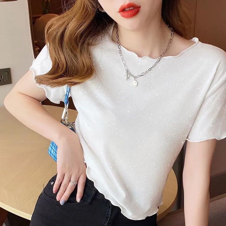 メロウフリル 半袖カットソー 薄手 レディース トップス tシャツ 半袖 Tシャツ きらきら 春夏 無地 カジュアル 送料無料 おしゃれ かわいい 大人 学生 フリーサイズ 大きいサイズ