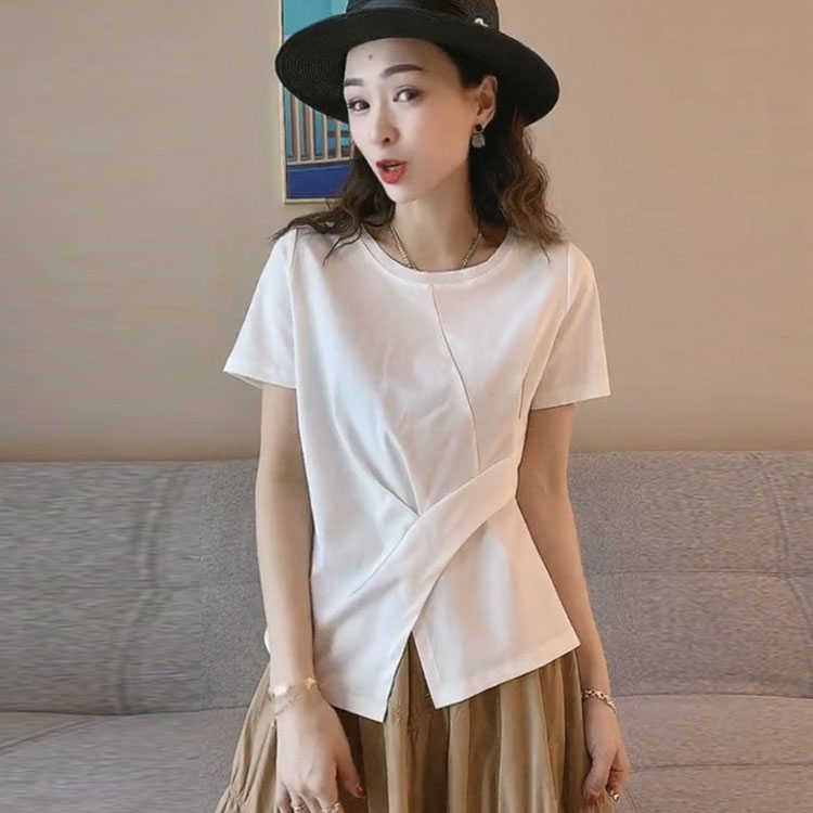 着るだけでくびれ美人♪ Tシャツ 半袖 クルーネック レディース カットソー トップス スリット入り タック 送料無料 2021新作 着痩せ お洒落 韓国ファッション